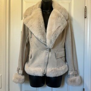 EMPRADA  Blaer Cream Beige Suede Moto Faux Fur Trim Jacket - L